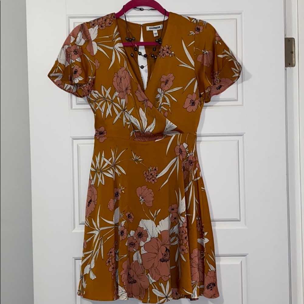 Express floral satin flare dress - rust color